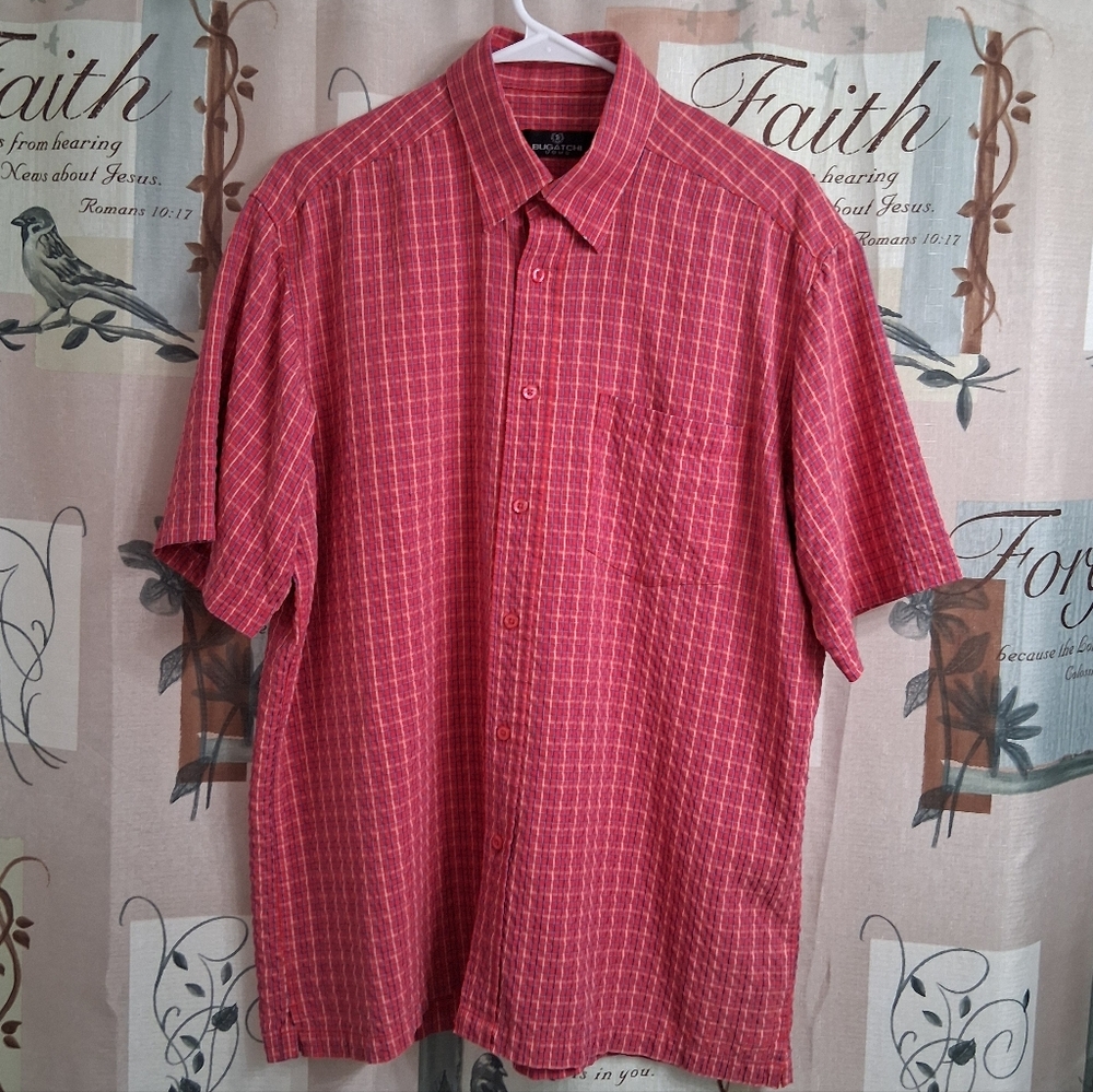 Bugatchi Red Plaid Casual Button Down Shirt Front Pocket - Size Large